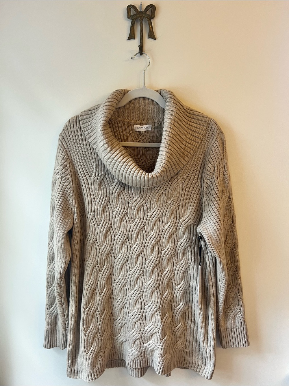 NWT Calvin Klein Cowl Neck Chunky Cable Knit Sweater Beige XL Fisherman